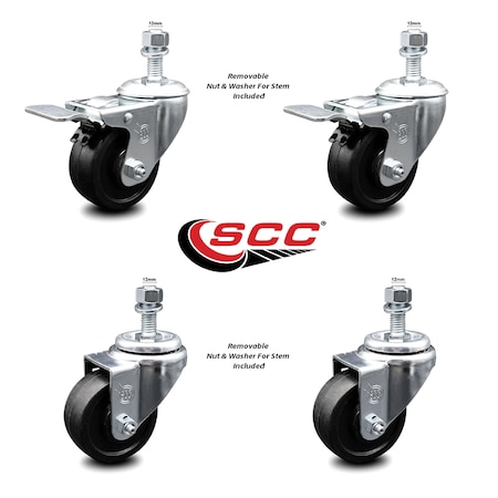 Service Caster 3.5 Inch Soft Rubber Wheel Swivel 12mm Stem Caster Total Lock Brake, 2PK SCC-TSTTL20S3514-SRS-M1215-2-S-2